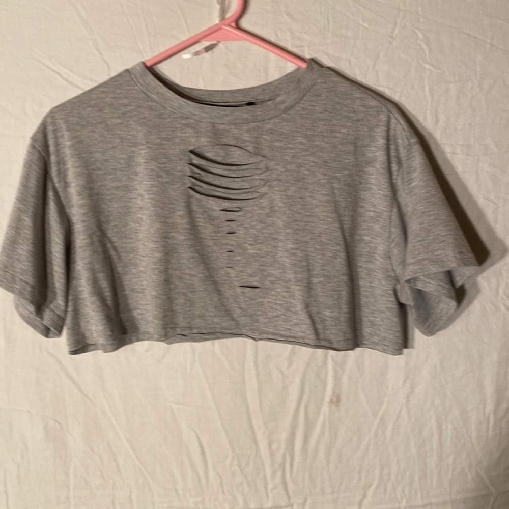 SHEIN Grey Crew- Neck Sheered Crop Top Size S short sleeve.